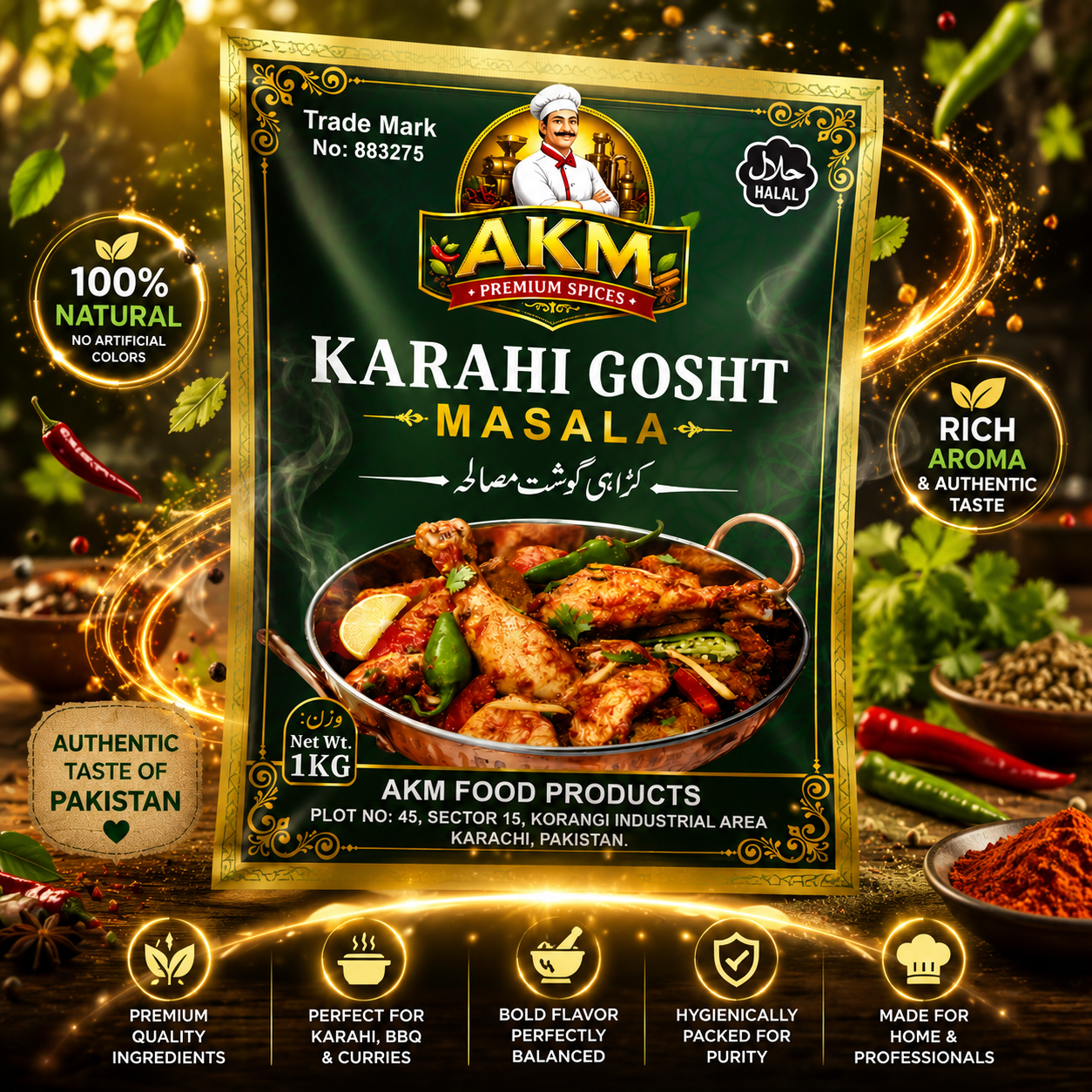 AKM™ Premium Karahi Gosht Masala 1KG – Authentic Pakistani Spice Blend for Restaurant-Style Chicken & Mutton Karahi