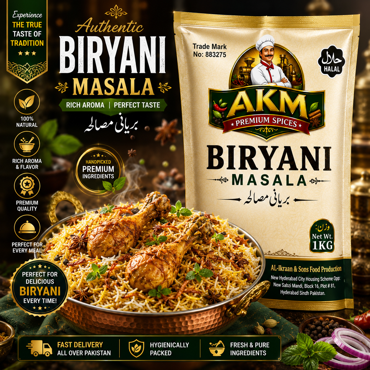AKM™ Premium Biryani Masala 1KG – Authentic Pakistani Spice Blend for Restaurant-Style Chicken, Beef & Mutton Biryani
